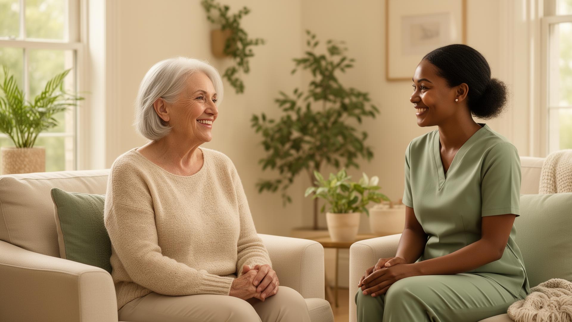 Compassionate caregiver holding the hand of a smiling elderly person in a bright home