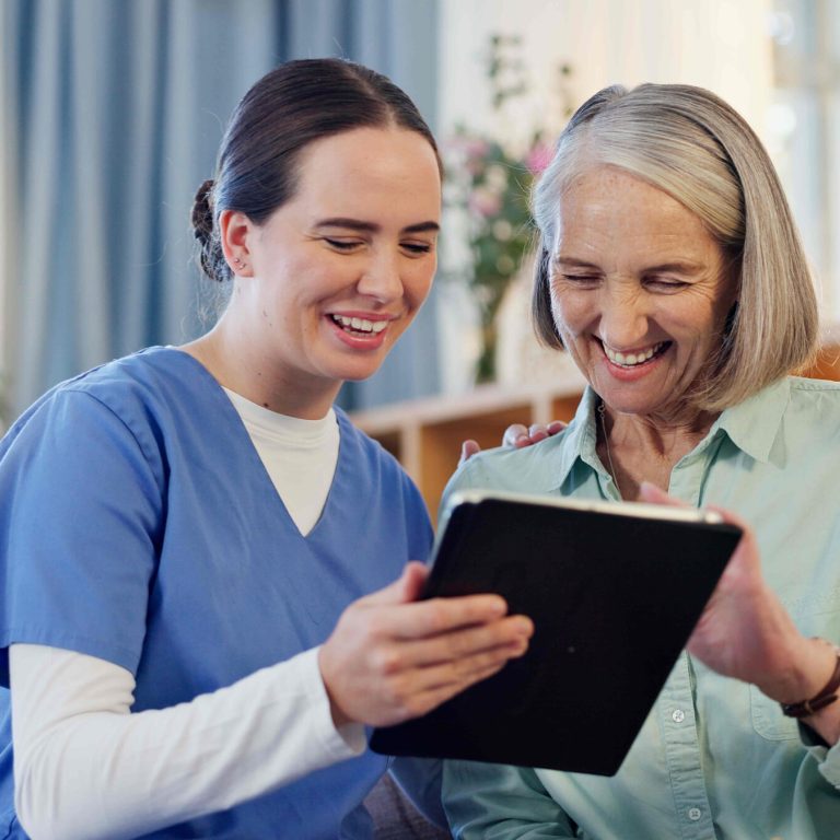 Consultation, nurse and senior woman with tablet on couch for results and healthcare in home. Happy.